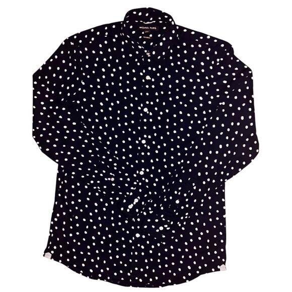 Michael Kors Trim Stretch Navy Blue & White Polka Dot Button Down Shirt Large - Picture 1 of 6